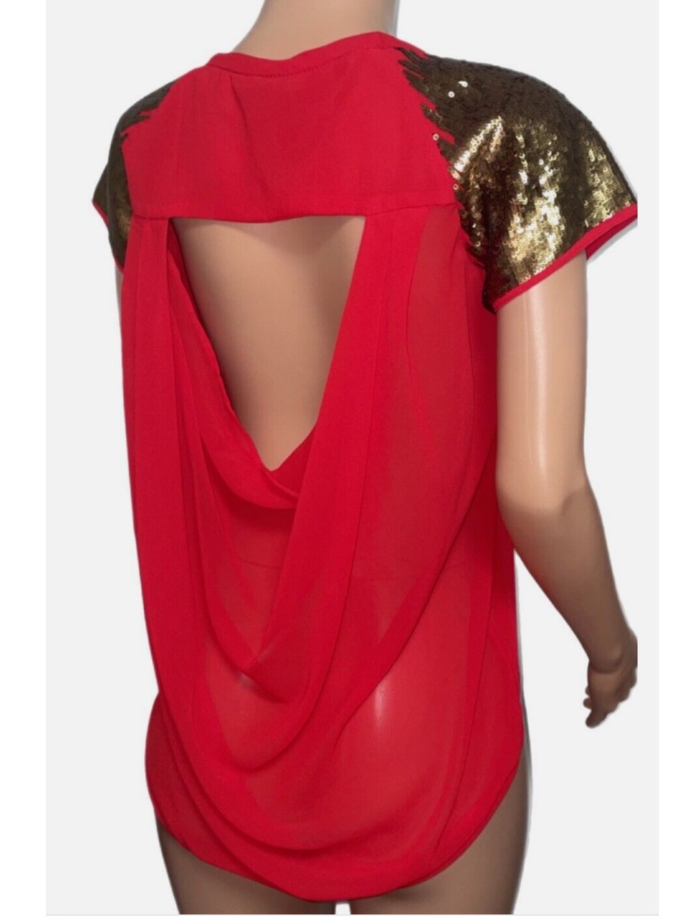 Coral Color  Drape Back Top with Gold Sequin Shoulders